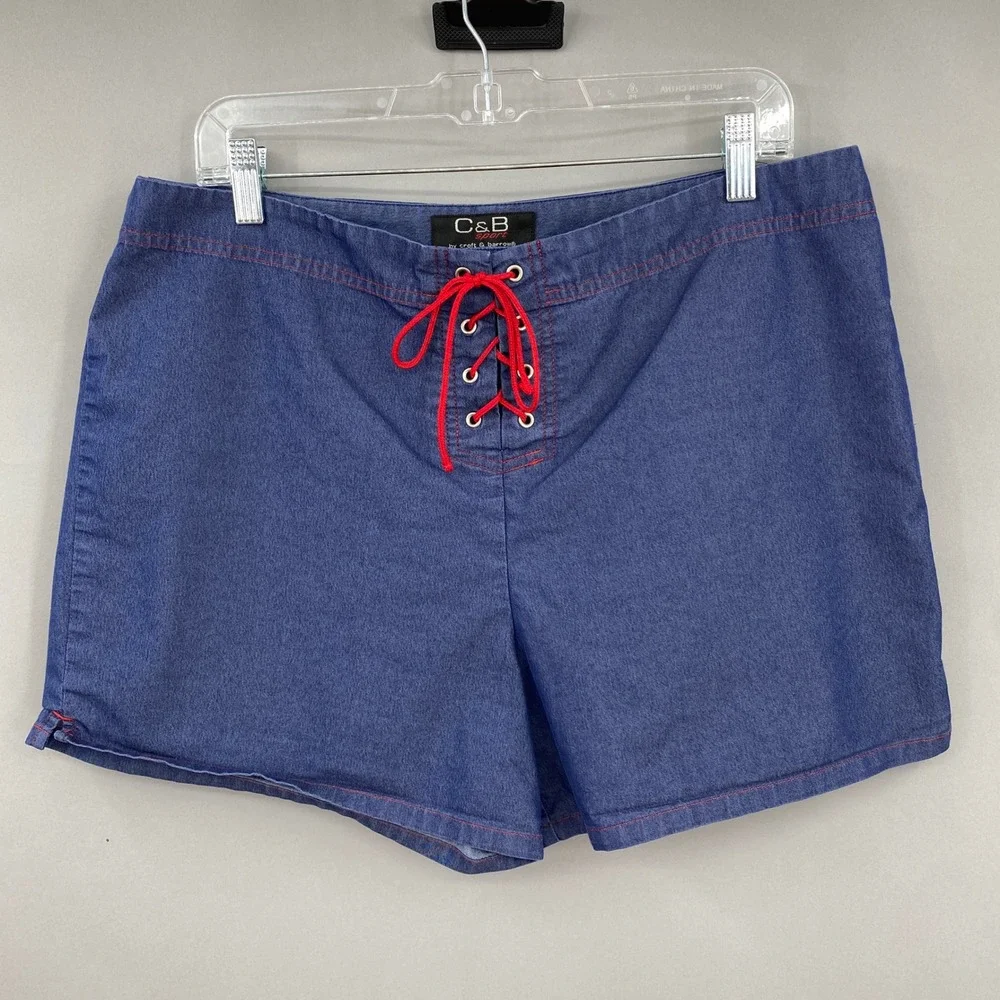 Y2K C&B Sport‎ Croft & Barrow Shorts Womens 16 Blue Denim Look Lace Up Red vtg